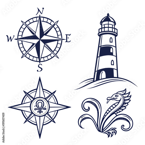 Nautical symbols including a compass, lighthouse, and anchor depicted in black and white Vector