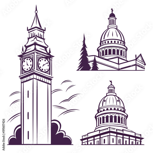 Iconic landmarks of london, paris, and washington d.c. illustrated in a vintage style. Vector