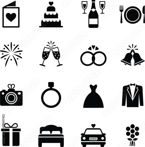 Black wedding icon set with marriage ceremony elements like rings cake dress and champagne silhouettes isolated on white background for bridal party event design