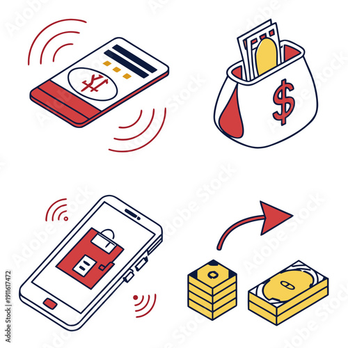 Mobile payment app transferring money to a digital wallet and purchasing goods Vector