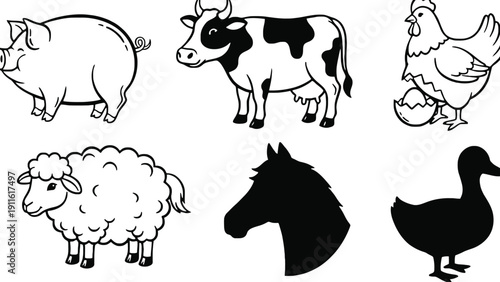 Farm animals vector illustration set including pig, cow, chicken, sheep, horse, and duck