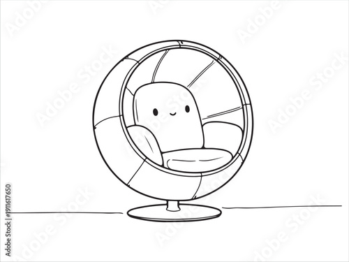 Cartoon character sitting inside a spherical egg chair illustration