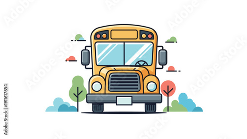 Front view of a classic yellow school bus surrounded by stylized trees and clouds for educational transportation concept illustration.