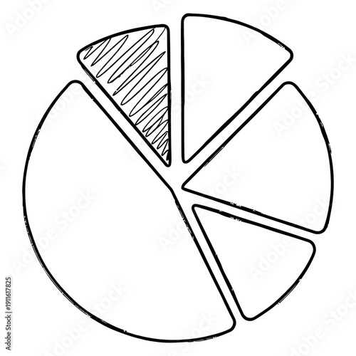 Hand drawn pie chart sketch showing statistical segments with one shaded slice isolated on white background
