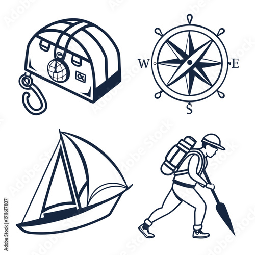 Illustration of various travel and navigation elements including a compass, backpack, sailboat, and map Vector