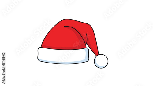 Traditional red Santa Claus hat with a white fluffy trim and pompom isolated on a white background for Christmas holiday celebrations.