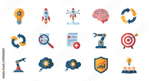 Collection of modern flat icons representing business and technology concepts.