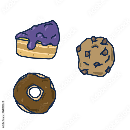 Delicious baked goods set with donut chocolate cookie and cake. Tasty sweet dessert vector illustration isolated on white. Hand drawn snack icons for bakery menu design.