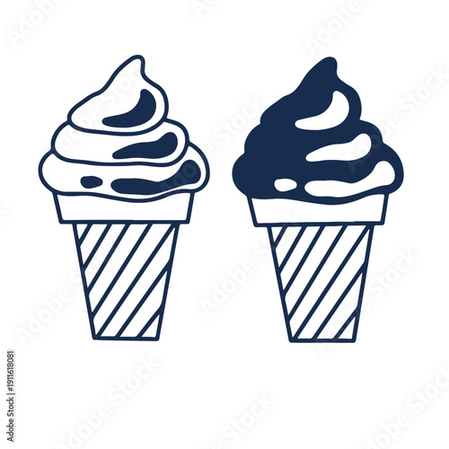 Vanilla and chocolate soft serve ice cream outline icons. Minimalist black and white summer dessert vector. Hand drawn doodle of cold dairy treats isolated on white.