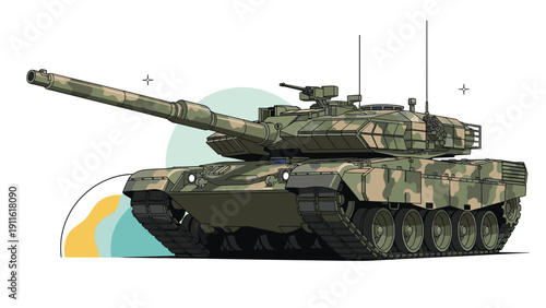 Main battle tank with a camouflage pattern and long cannon presented in a stylized illustration for military and defense concepts.