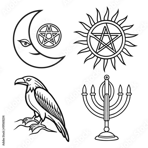 Illustrations of celestial bodies, a bird, and a menorah Vector