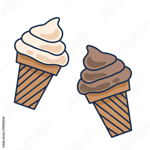 Vanilla and chocolate soft serve ice cream cones. Delicious summer dessert hand drawn vector illustration. Set of cold dairy treats isolated on white background.