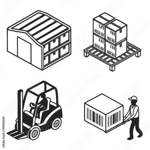 Warehouse workers and forklifts moving boxes and crates in a storage facility Vector