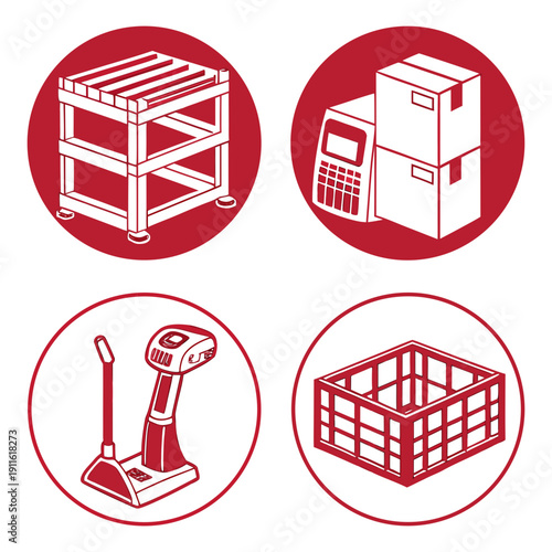 Four red icons representing construction equipment and materials on a white background Vector