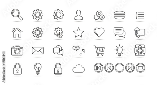 Collection of hand drawn icons representing various digital concepts and actions.