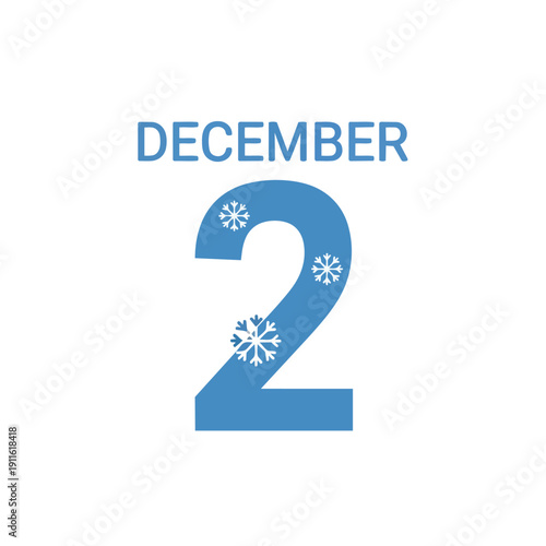 Crisp blue December 2 calendar date with elegant snowflakes on a plain white background