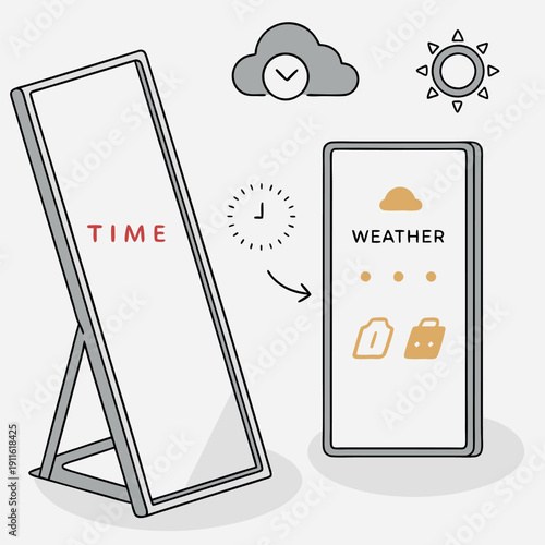 A mirror with digital displays showing time 