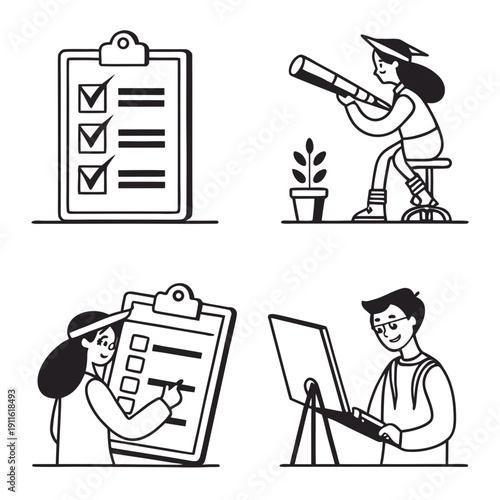 Illustrations of various professions and activities involving clipboards Vector