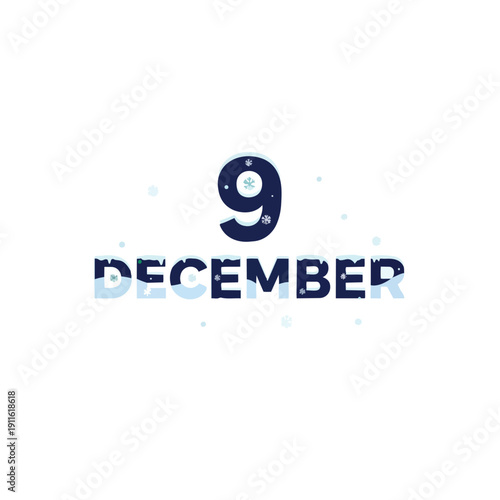 Stylized winter date graphic for ninth of December with snowy accents and cool blue typography