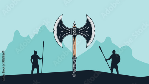 Massive double-headed battle axe positioned between two ancient warrior silhouettes holding spears against a mountain background.