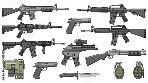 Assorted collection of modern firearms featuring assault rifles, handguns, a shotgun, a knife, and hand grenades in a pixel art style.