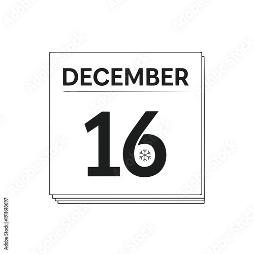 A sleek, black and white calendar icon showcasing December 16th, marked distinctly with a snowflake symbol, perfect for seasonal winter