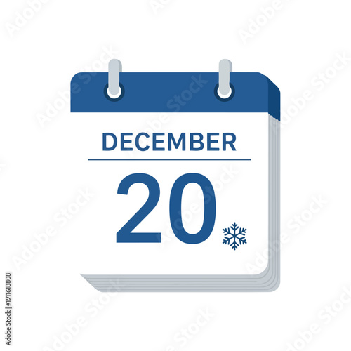 Digital calendar icon displaying December 20th, featuring a snowflake, signifying a specific winter date for seasonal planning and festive holiday
