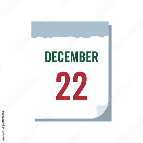 Illustrative depiction of December twenty-second on a simple tear-off calendar sheet, highlighting important seasonal dates and scheduling reminders