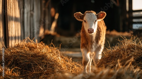 Wholesome farm scene featuring a curious calf with abundant hay and soft natural light