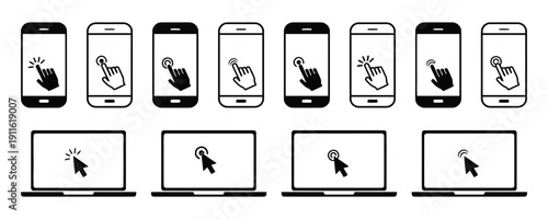Collection of touch screen interface icons for smartphones and laptops