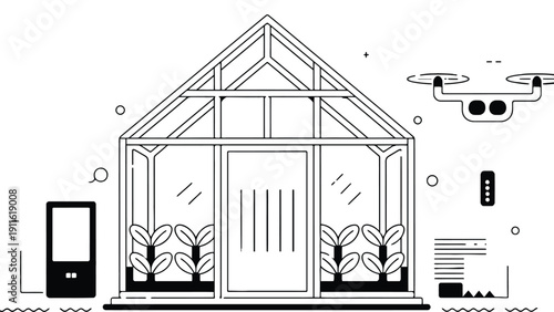 Smart greenhouse with drone and mobile phone vector illustration