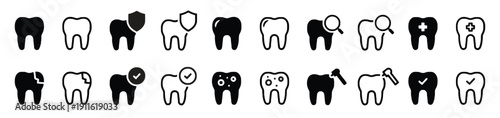 Collection of tooth icons illustrating dental health and care