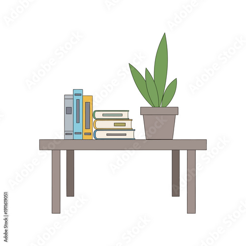 Bookshelf with potted plant on a table, study, reading, home decor, education, knowledge, interior