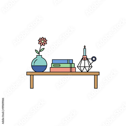 Minimalist shelf with vase, books, and candle holder. Simple home decor illustration.