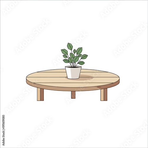Potted green plant on a round wooden coffee table, minimalist interior design, natural light