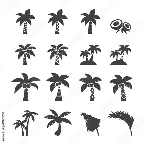 Collection of tropical palm tree icons in various styles and forms