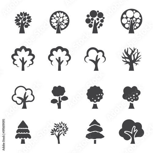 Collection of tree icons representing different species and seasons