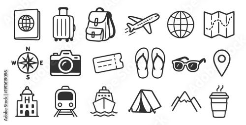 Collection of travel and transportation doodle icons on white background