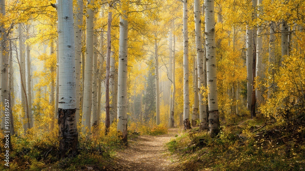 Obraz premium Winding path through tranquil aspen woods at golden hour
