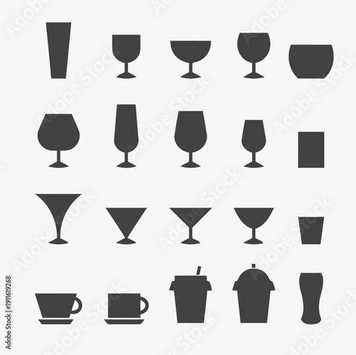 Collection of various flat design beverage glasses and containers for drinks