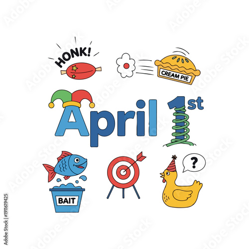 Whimsical April First Day Celebration Vector Art with Playful Prank Elements and Humorous Illustrations for Festive Occasion of Lighthearted Jokes