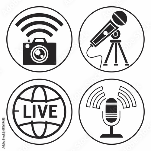 Icons representing live broadcasting, global connectivity, and audio-visual equipment. Vector