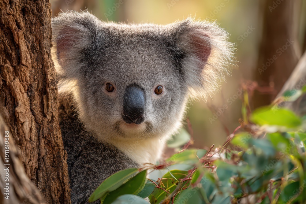 Fototapeta premium Young koala portrait in natural habitat, textured fur and serene mood