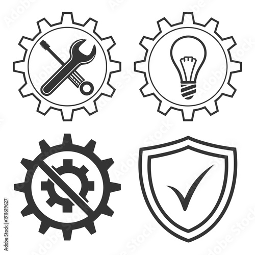 Icons representing tools, ideas, security, and verification in a circular arrangement Vector
