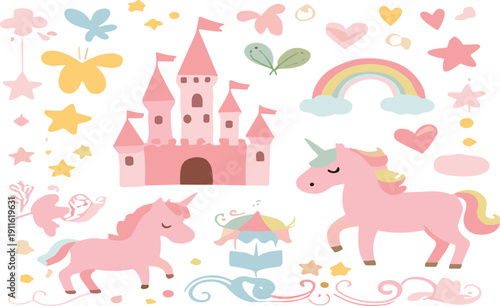 Cute fairytale elements collection unicorn castle rainbow cartoon vector illustration set isolated background