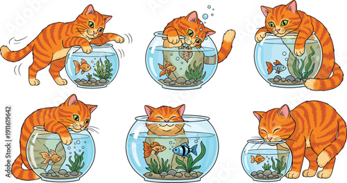 Orange cat playing with fishbowl and goldfish aquarium