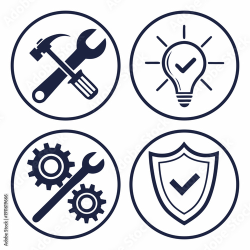 Icons representing various aspects of quality assurance and maintenance services. Vector