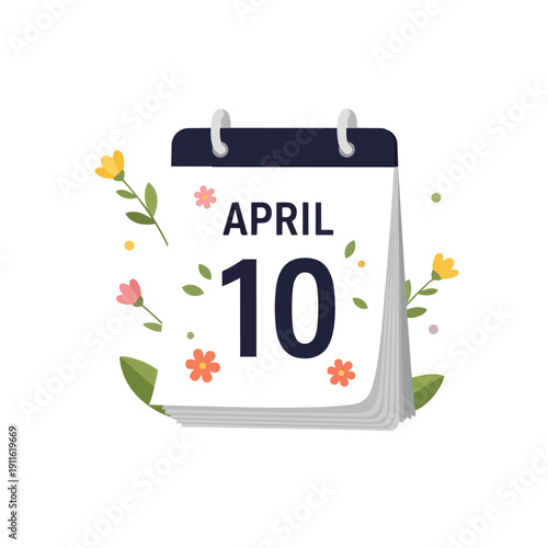 Detailed calendar illustration displaying April 10th adorned with vibrant seasonal flowers and fresh green leaves indicating an important spring