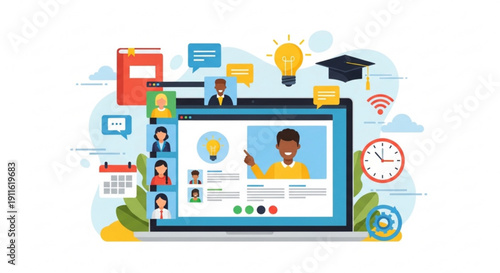 A colorful vector illustration of a laptop with a video conference on the screen surrounded by various icons and symbols representing online learning and communication.