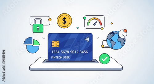 A vector graphic illustration of a laptop with a credit card and various fintech symbols surrounding it